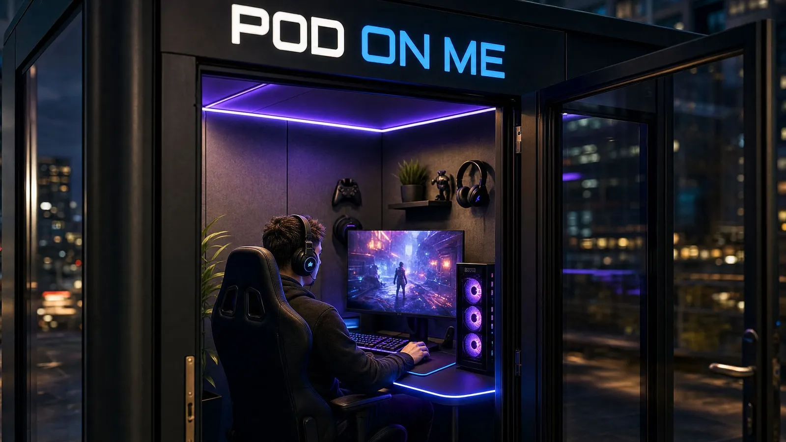 A gamer in a headset at a high-end PC inside a Game Pod with violet lighting