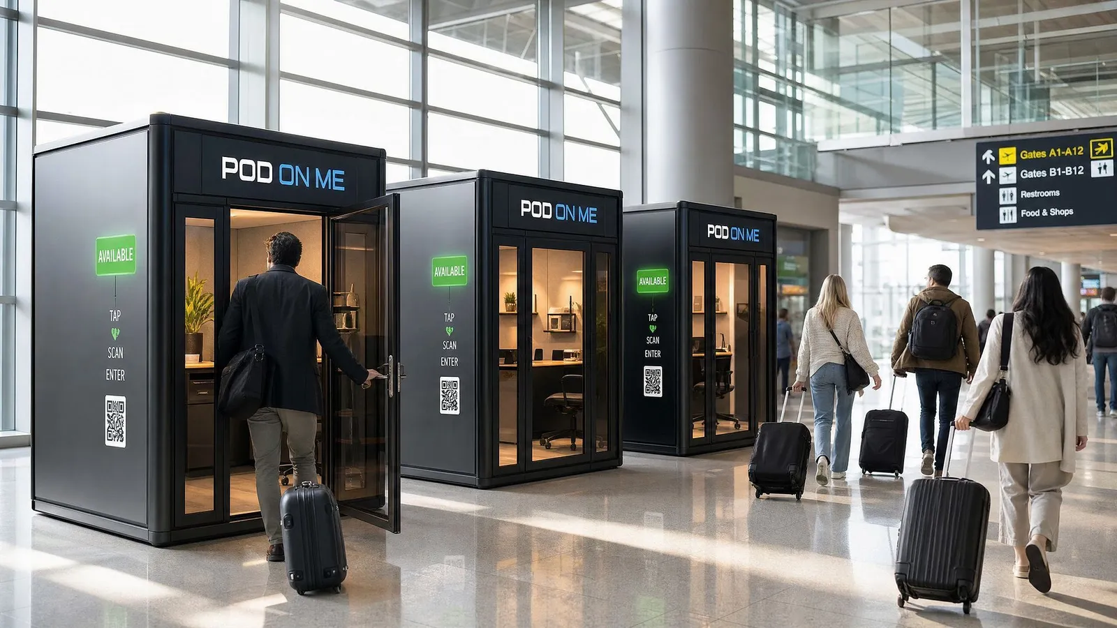 Three POD ON ME pods in an airport concourse, a traveler stepping inside