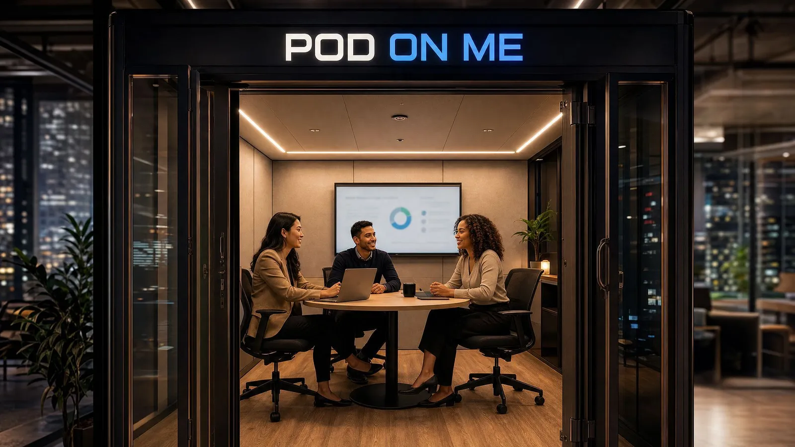 Three colleagues meeting around a table inside a 10 by 12 Meeting Pod