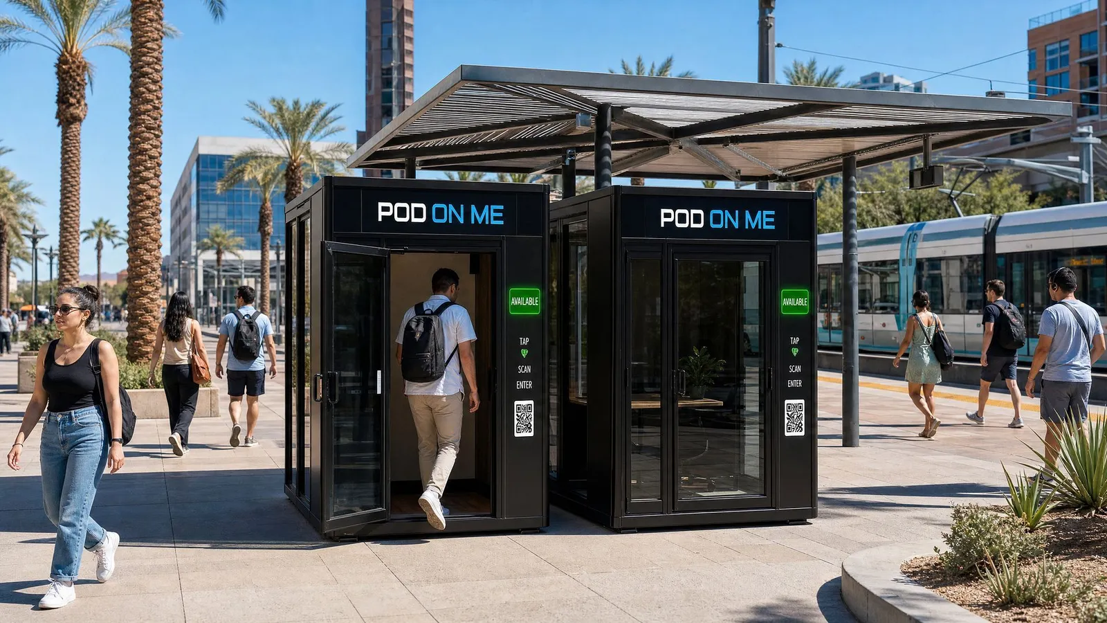 Two POD ON ME pods under a shade canopy by a light-rail stop, commuters walking past